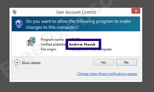Screenshot where Andrew Masyk appears as the verified publisher in the UAC dialog